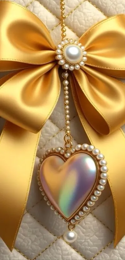Golden ribbon with heart charm accentuated by pearls on textured background.