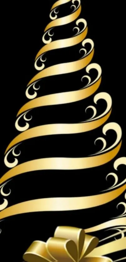 Golden ribbon Christmas tree on black background wallpaper.