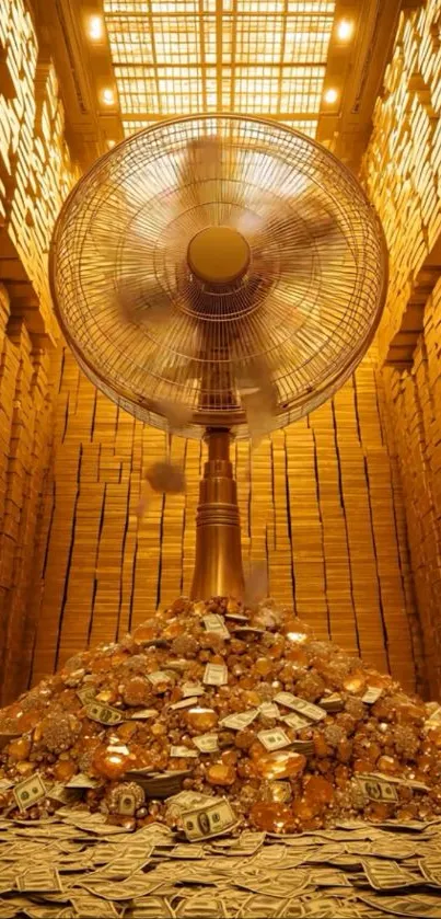 Lavish gold fan amidst wealth and riches.