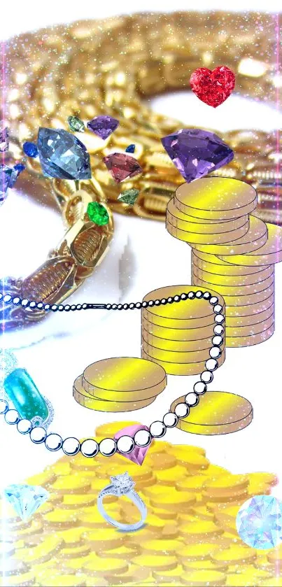 Luxurious wallpaper with gold coins and colorful gems.