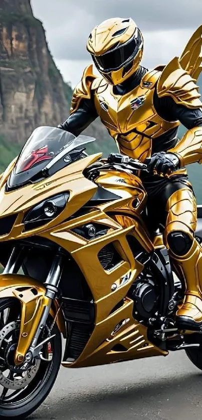 Golden armored biker on sport bike with mountain backdrop.