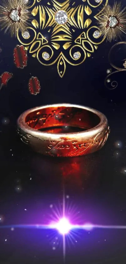 Golden ring with mystical design on a dark, enchanting fantasy background.