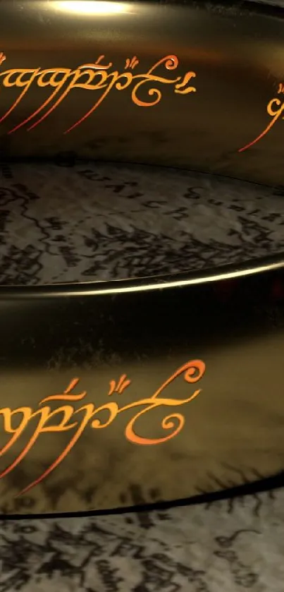 Golden ring with script on an ancient map background.