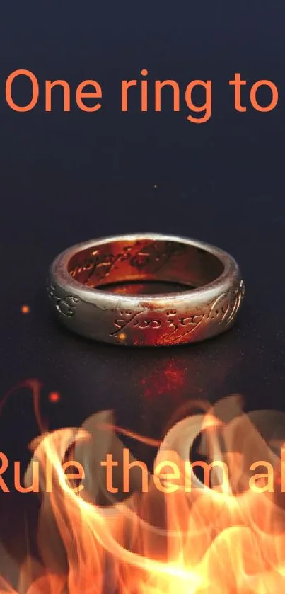 Illuminated golden ring on dark background with fantasy text overlay.