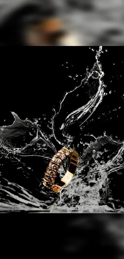 Golden ring with water splash effect on black wallpaper.