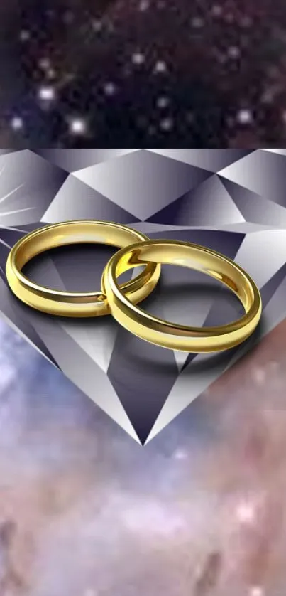 Golden rings on diamond with cosmic background wallpaper.