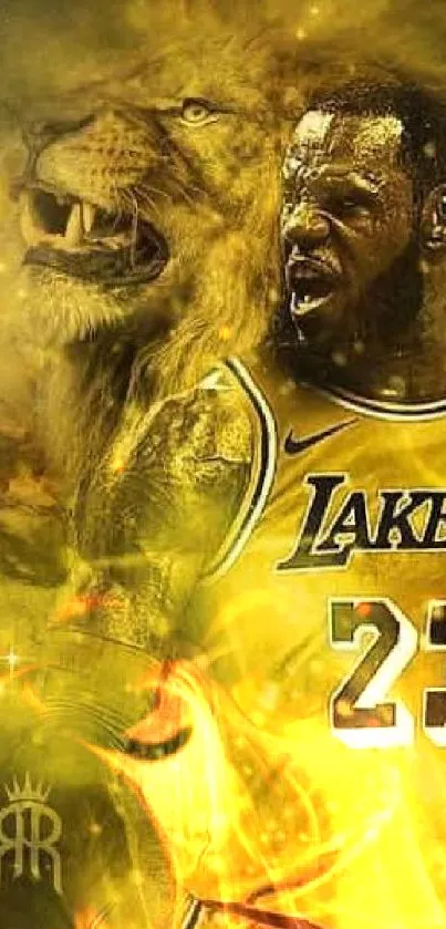 Basketball player and lion in golden hues.