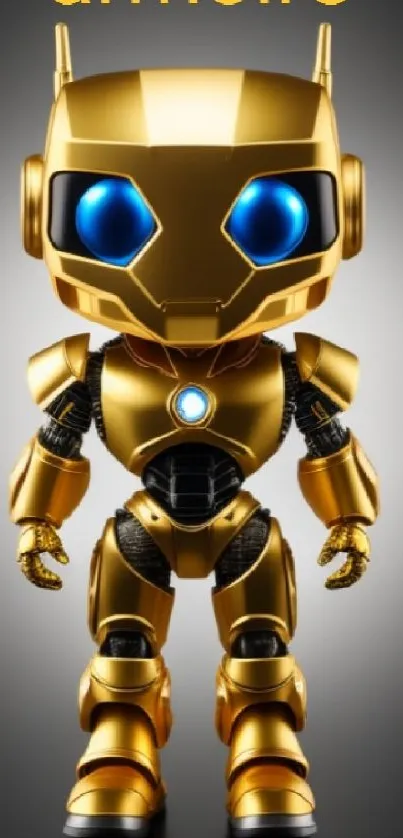 Golden robot with blue eyes on sleek wallpaper