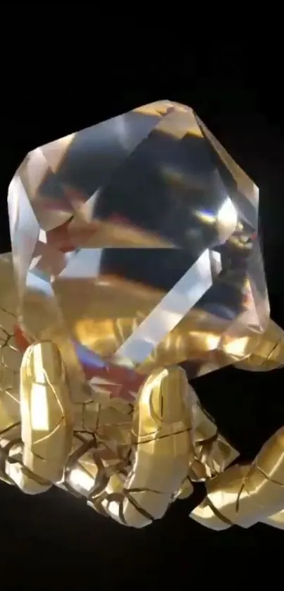 Golden robotic hand holds a crystal on a black background.