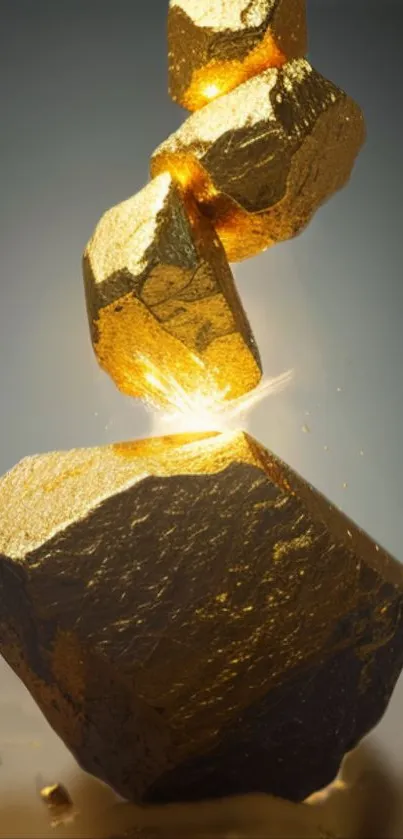 Levitating golden rocks with a glowing effect for mobile wallpaper.