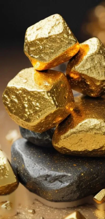 Mobile wallpaper of shiny golden rocks stacked elegantly.