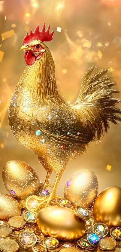 Golden rooster with sparkling eggs and coins