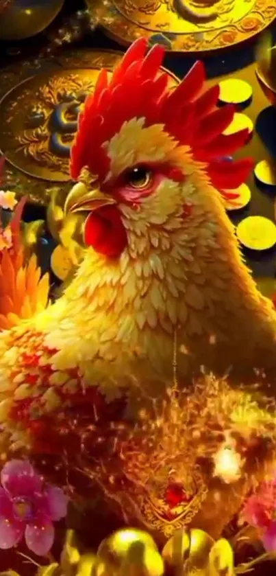 Golden rooster art with vibrant colors and intricate details.