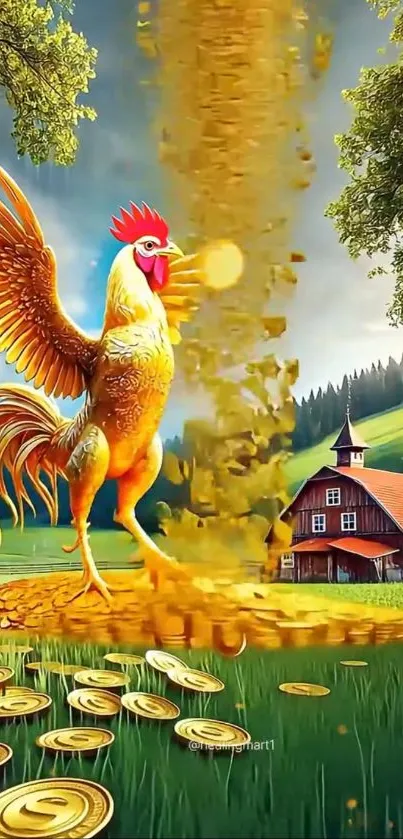 Golden rooster with coins in a vivid countryside scene.