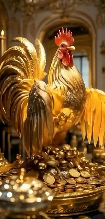 Golden rooster statue surrounded by coins and luxurious decor.