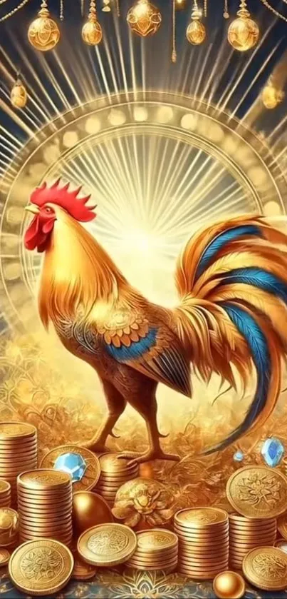 Golden rooster standing on coins with radiant background.