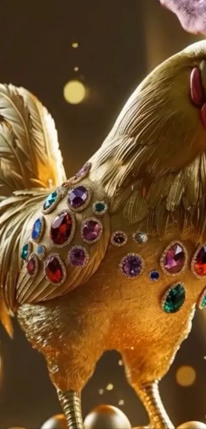 Golden rooster adorned with colorful jewels on dark background.
