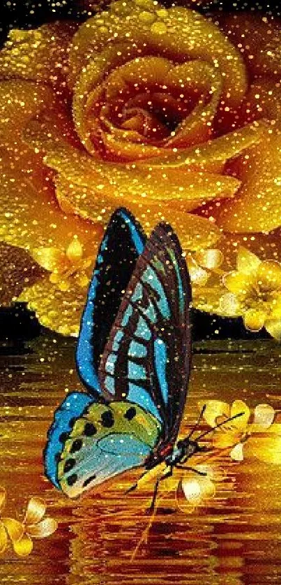 Golden rose and blue butterfly with sparkling dew on a serene black background.