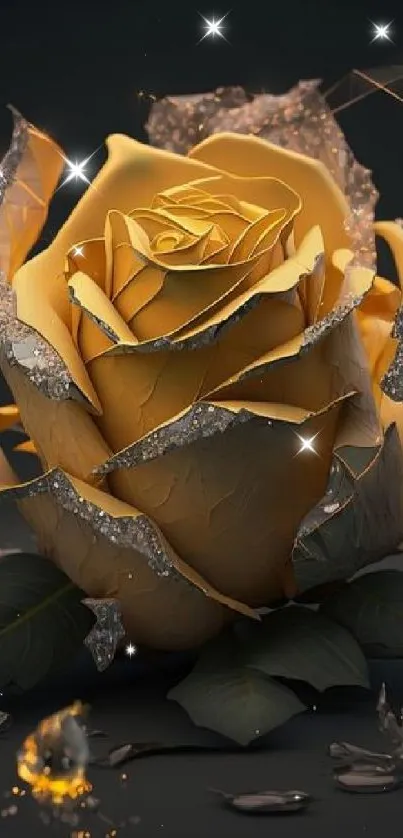 Golden rose with crystal shards and dark leaves mobile wallpaper.