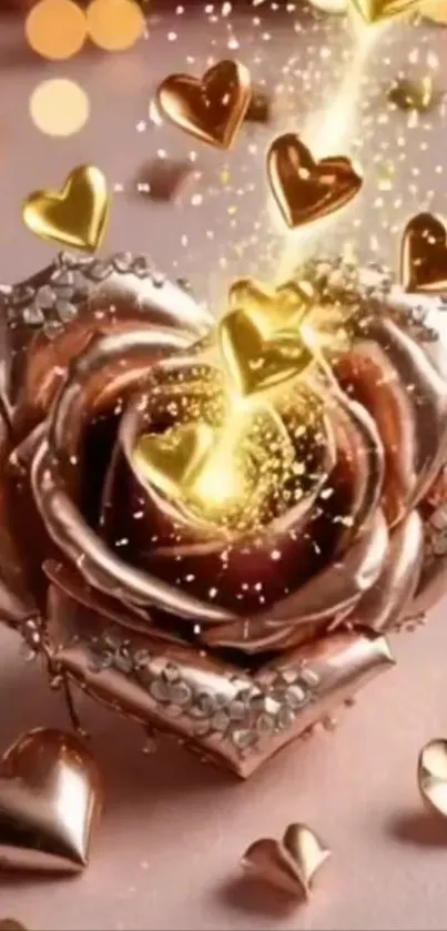 Golden rose with sparkling hearts wallpaper.