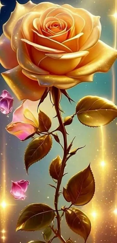 Golden rose surrounded by stars on a mobile wallpaper.