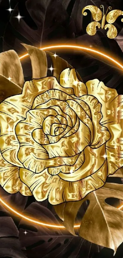 Luxurious golden rose art with black background.