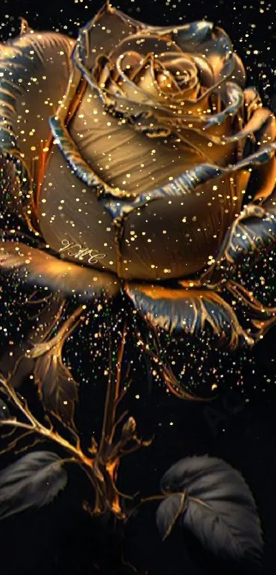 Golden rose with shimmering sparkles on a dark background wallpaper.