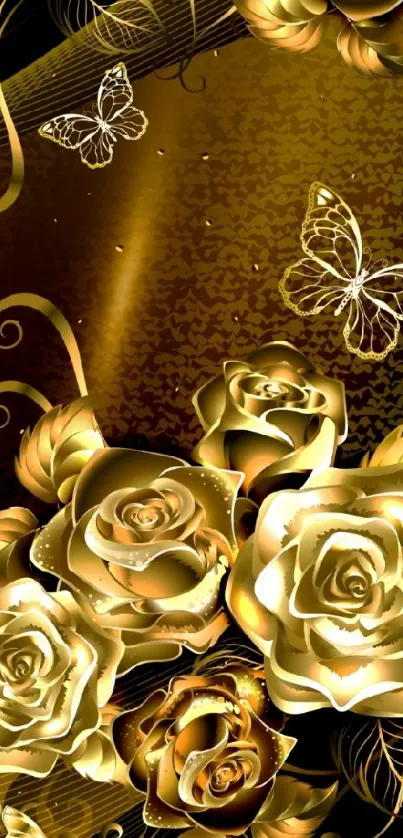 Elegant golden roses and butterflies wallpaper for mobile phones.