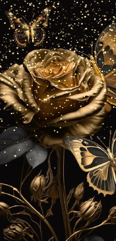 Golden rose with butterflies on black background wallpaper.