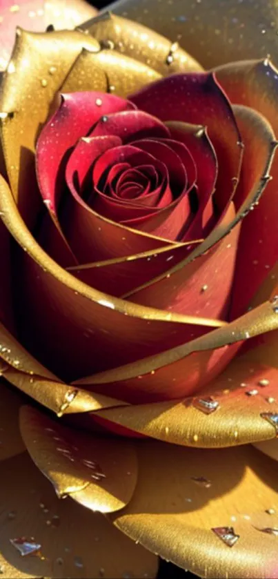 A golden rose with dewdrops on petals, perfect for mobile wallpaper.