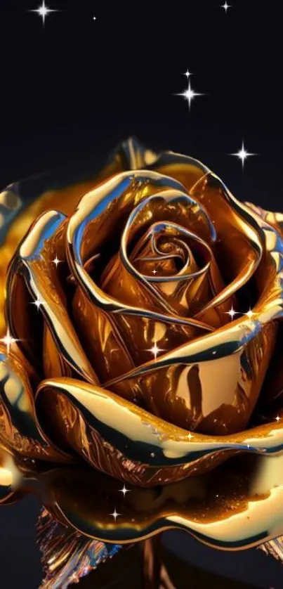 Luxurious golden rose with starry accents on a dark background.