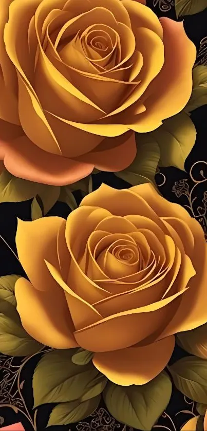 Golden roses on a dark floral background.