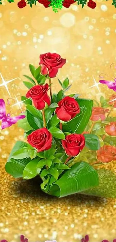 Golden background with red roses and pink butterflies.