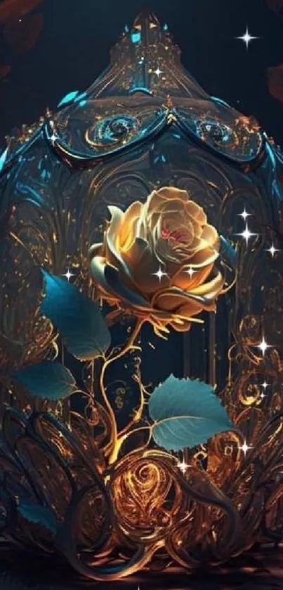 Golden rose under glass dome, artistic wallpaper.