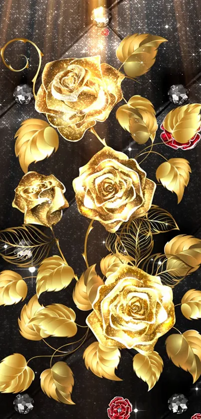 Golden roses on a dark background with elegant leaves.