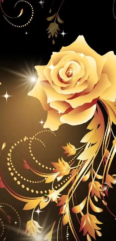 Golden rose on black background with floral designs.