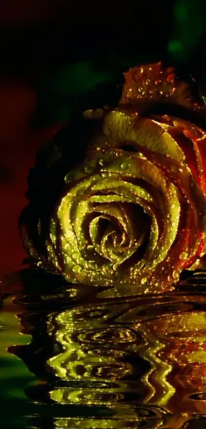 Golden rose reflecting elegantly in dark water, perfect for artistic wallpaper.