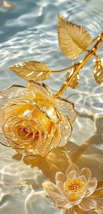 Golden rose floating in serene water with elegant reflections.