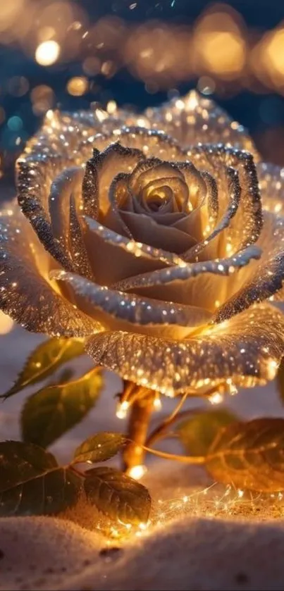 Golden rose with sparkling lights on sand.
