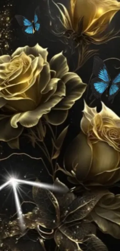 Golden roses with blue butterflies on dark backdrop in stunning mobile wallpaper.