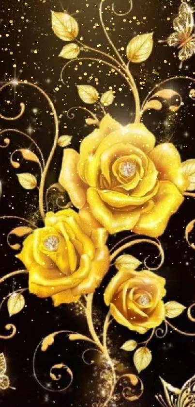 Golden roses and butterflies on black background wallpaper.