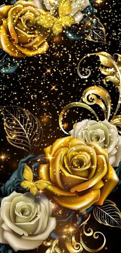 Golden roses and butterflies on black background.