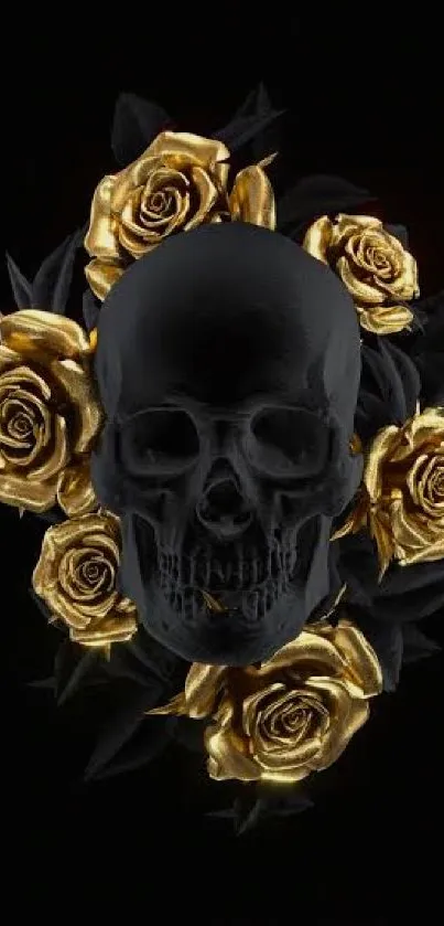 Black skull surrounded by golden roses on a dark background.