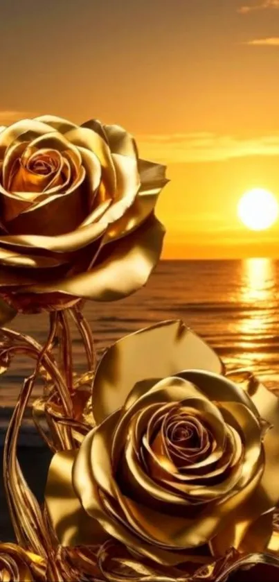 Golden roses in front of sunset ocean view.