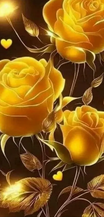 Glowing golden roses with heart designs.