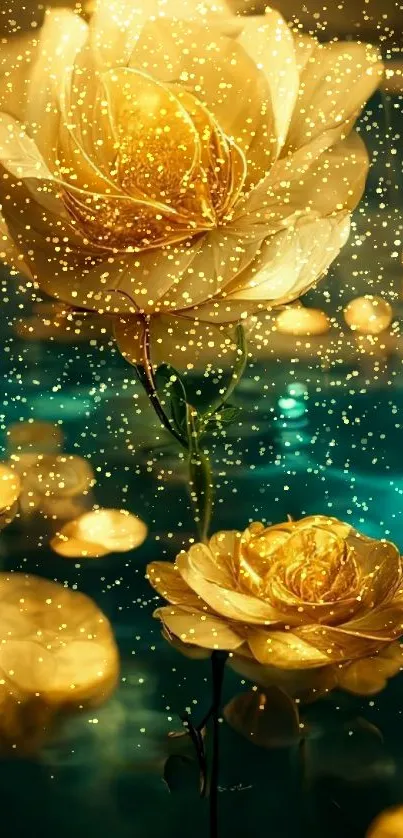 Golden roses floating on tranquil water with reflections, perfect for wallpaper.