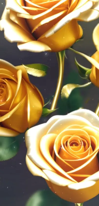 Golden roses with a dark background, perfect for elegant phone wallpaper aesthetics.