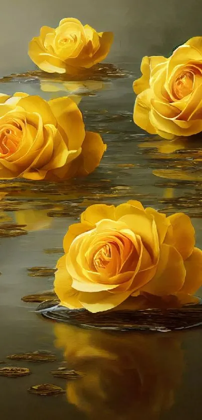 Golden roses reflecting on water in artistic mobile wallpaper.