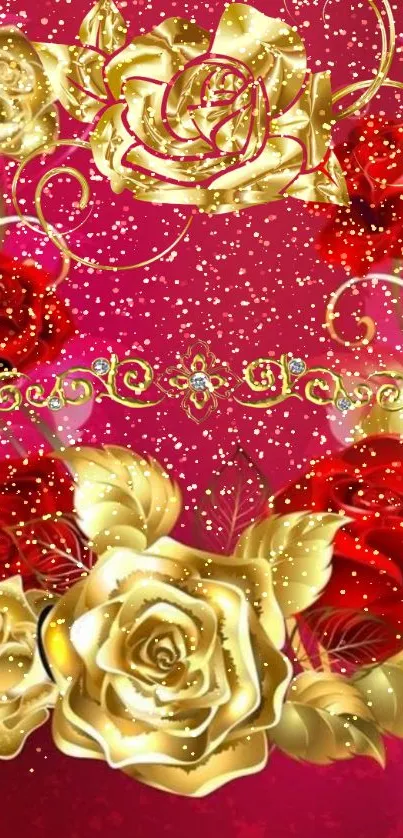 Golden roses on red background with sparkles.