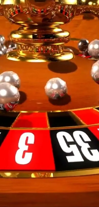 Golden roulette wheel with silver balls on a vibrant gaming theme background.